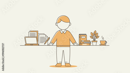 Man Standing Behind Desk With Office Supplies And Coffee.