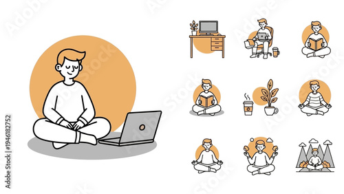 Man Meditating with Laptop and Other Daily Activities.