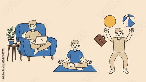 Man working, meditating, and juggling work and leisure activities.