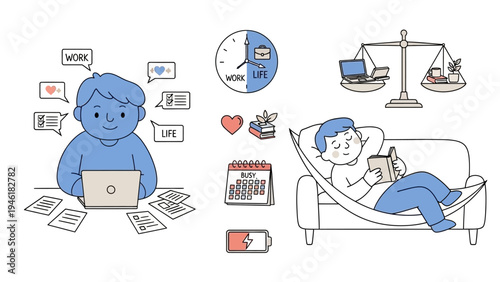 Man working on laptop and relaxing in hammock, illustrating work life balance.