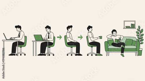 Man working on laptop and relaxing on sofa, illustrating posture changes.