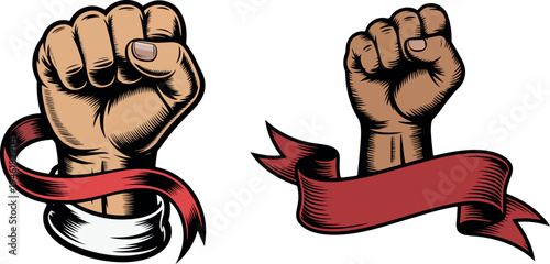 Powerful raised fists with red ribbon symbolizing protest and strength against oppression