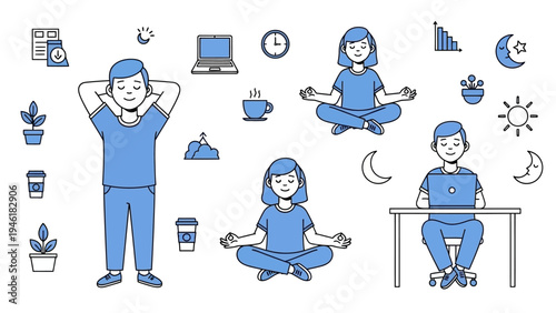 People practicing mindfulness and work-life balance in a modern setting.