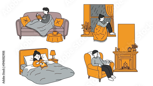 People relaxing at home in various cozy settings during cold weather.