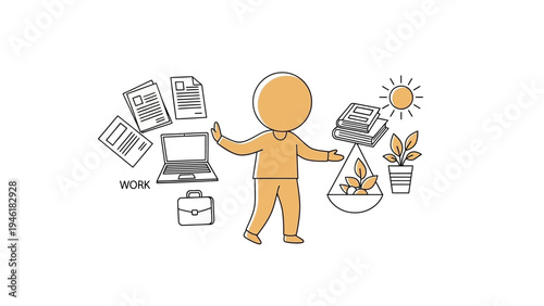 Person juggling work and life balance with office supplies and plants.