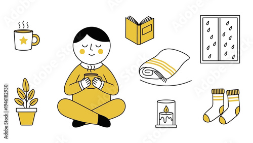 Person meditating peacefully surrounded by cozy items for relaxation.