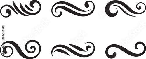 Six elegant black swirl decorative design elements provide classic flourishes
