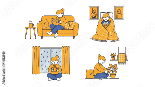 Person indoors engaging in various activities during rainy weather.