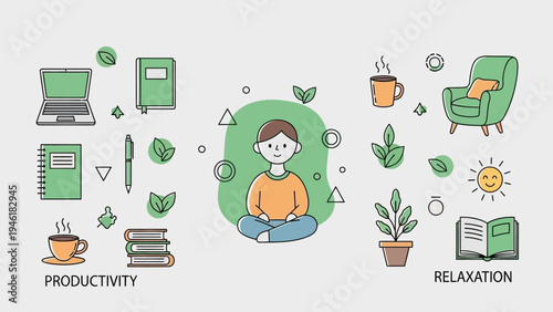 Person Meditating with Productivity and Relaxation Elements.
