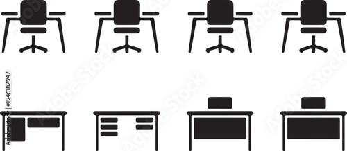 Various office desk and chair black silhouette icons for workspace illustrations