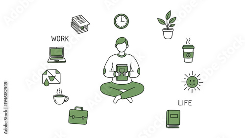 Person meditating with work and life elements surrounding them.