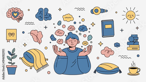 Person meditating with thoughts floating around head.