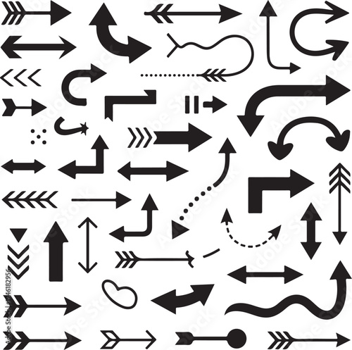 Varied Collection of Black Arrow Icons Including Curved and Dotted Styles