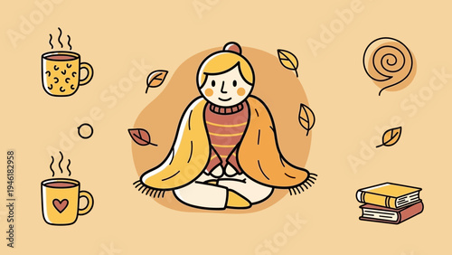 Person meditating wrapped in a cozy blanket surrounded by autumn elements.