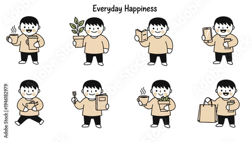 Set of cute cartoon characters enjoying everyday happiness and simple pleasures.