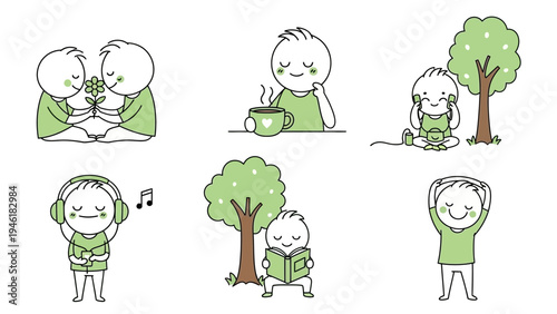 Set of cute cartoon people enjoying peaceful activities in nature.
