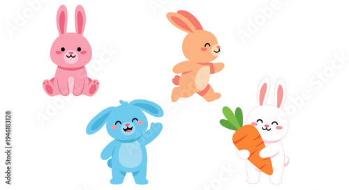 Colorful cartoon rabbits and carrot illustration.