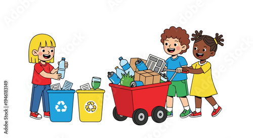Three diverse children are actively participating in recycling, with one girl sorting plastic and paper into bins, while two others push a cart filled with various recyclables.