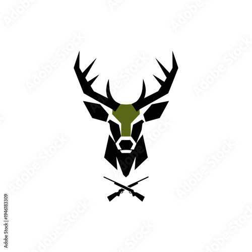 A minimalist geometric illustration of a stag's head with antlers, featuring crossed rifles below.