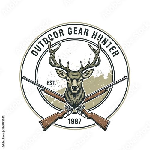 Vintage emblem featuring a stag's head with antlers, crossed hunting rifles, and the text "Outdoor Gear Hunter Est. 1987" within a circular frame.