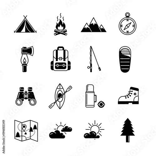 A collection of black and white icons representing various outdoor adventure and camping activities and equipment.