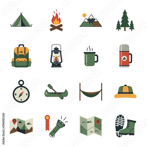 A collection of flat design icons representing various camping and outdoor adventure activities and equipment.
