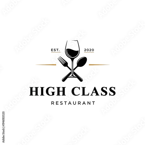 Elegant logo for a high-class restaurant featuring a wine glass, fork, and spoon, established in 2020.