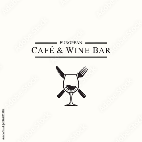 Elegant logo for a European Cafe & Wine Bar featuring a wine glass with crossed fork and knife.