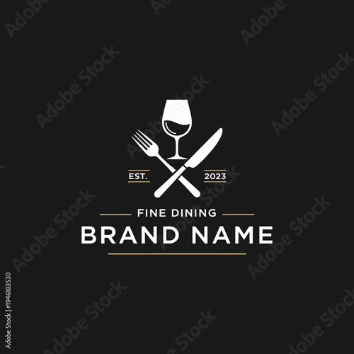 Elegant logo for a fine dining restaurant featuring a wine glass, fork, and knife, with the text "BRAND NAME" and "FINE DINING" on a dark background.