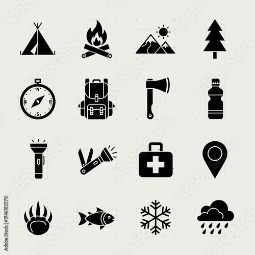A collection of 16 black silhouette icons representing various camping and outdoor adventure elements, arranged in a 4x4 grid.