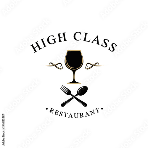 Elegant logo for a high-class restaurant featuring a wine glass, fork, and spoon, symbolizing fine dining and sophisticated culinary experiences.