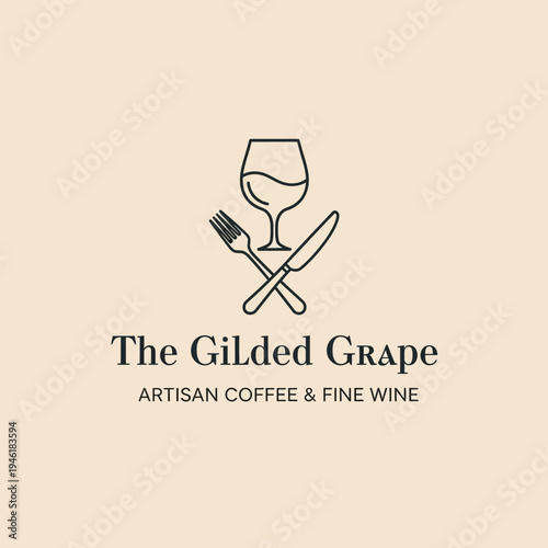 A minimalist logo for 'The Gilded Grape' featuring a wine glass, fork, and knife, with the tagline 'Artisan Coffee & Fine Wine'.