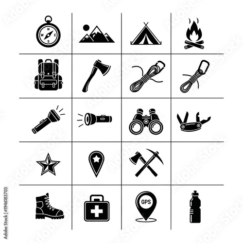 A collection of black and white icons representing various outdoor adventure and survival gear, including a compass, backpack, axe, tent, and first-aid kit.