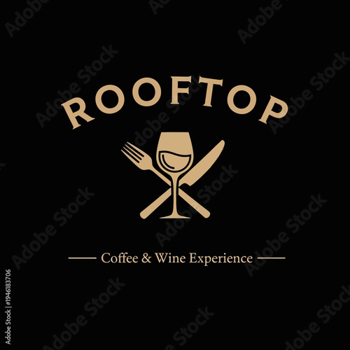 Rooftop Coffee and Wine Experience Logo with Fork, Knife, and Wine Glass.