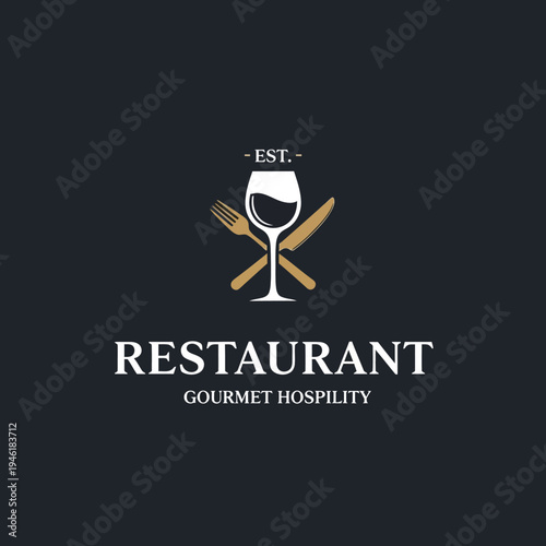 Elegant restaurant logo featuring a wine glass, fork, and knife, with the text "RESTAURANT" and "GOURMET HOSPITILITY" below, set against a dark background.
