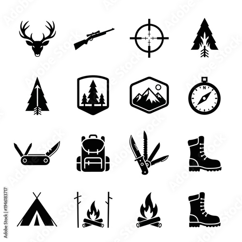 Collection of outdoor adventure and survival icons including a deer head, rifle, compass, tent, backpack, and campfire.