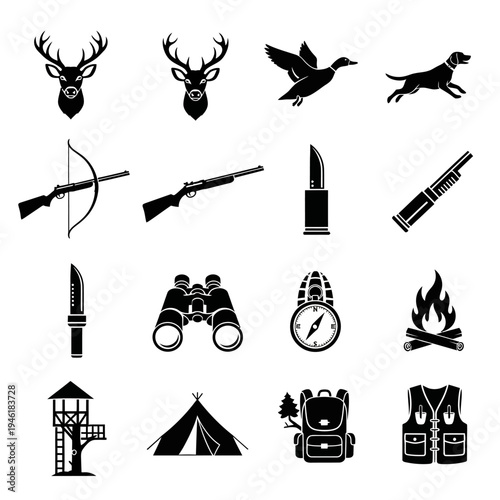 Collection of hunting-related icons including animals, weapons, gear, and shelter.