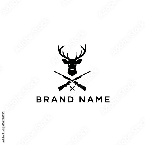 A minimalist black and white logo featuring a deer head with antlers above two crossed rifles, with the text "BRAND NAME" below.