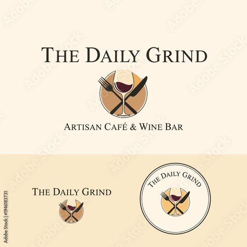 The Daily Grind Artisan Cafe & Wine Bar logo featuring a wine glass, fork, and knife within a circular emblem.
