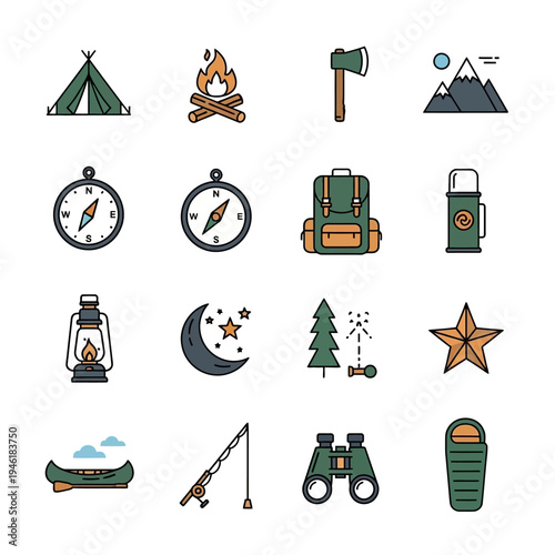 A collection of flat design icons representing various camping and outdoor adventure activities and equipment.