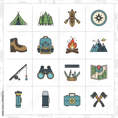 A collection of flat design icons representing camping and outdoor adventure gear, including a tent, backpack, campfire, and navigation tools.