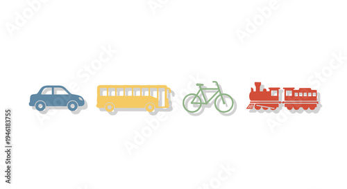 Transportation modes including car, school bus, bicycle, and train on display