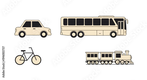 Vehicles travel on road with car, bus, bicycle, and train nearby.
