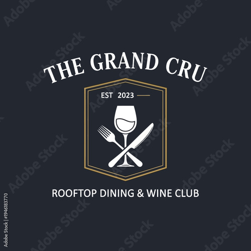 The Grand Cru Rooftop Dining & Wine Club logo, featuring a wine glass, fork, and knife within a shield, est. 2023.