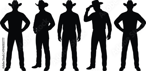 Cowboy silhouette collection with hat poses, western rancher character standing in different confident stances isolated on white background
