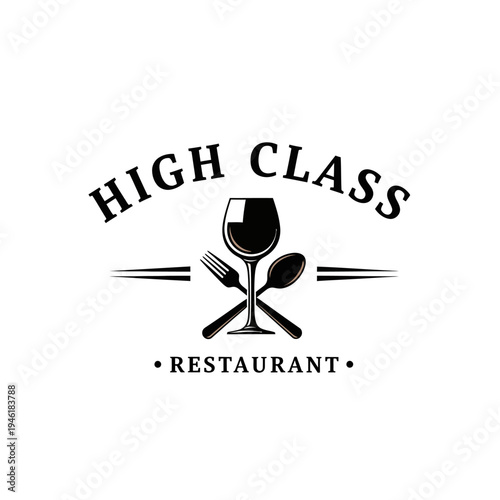 Elegant logo for a high-class restaurant featuring a wine glass, fork, and spoon, symbolizing fine dining and sophisticated culinary experiences.