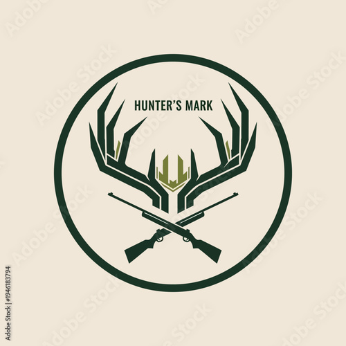 A circular logo featuring stylized antlers, crossed rifles, and the text "HUNTER'S MARK" in dark green against a light beige background.