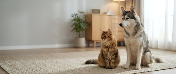 Tabby cat and husky dog sitting together on rug in bright living room with moving boxes, showcasing pet-friendly relocation and new home setup.