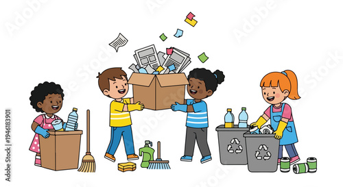 Four diverse children actively participate in cleaning and sorting recyclables like paper, plastic, and cans, demonstrating environmental responsibility.