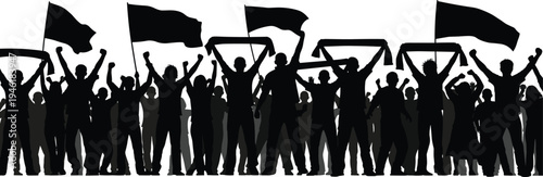 Crowd cheering silhouette, protest rally supporters with flags and banners, people celebration vector illustration isolated on white background